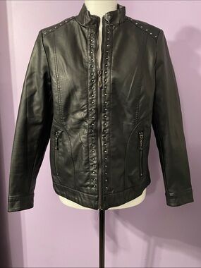 Black Studded Faux Leather Zip-Up Jacket
